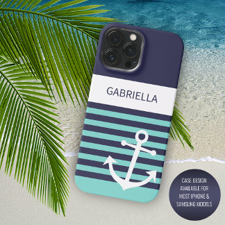 Custom Navy Donkerblauw Wit Aqua Turquoise Stripes iPhone 15 Pro Max Case