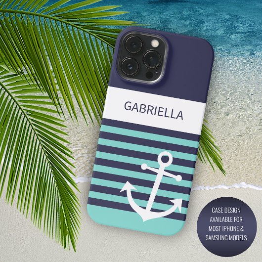 Custom Navy Donkerblauw Wit Aqua Turquoise Stripes iPhone Hoesje