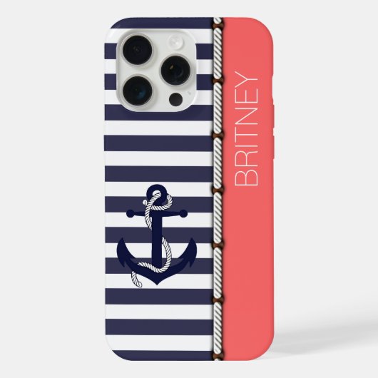 Custom Navy Donkerblauw Wit Blush Roze Strepen iPhone Hoesje (Achterkant)