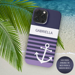 Custom Navy Donkerblauw Wit Violet Paarse strepen iPhone 15 Pro Max Case