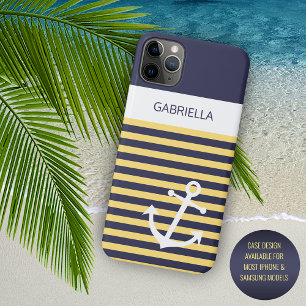 Custom Navy Donkerblauw Wit Zonnig Geel Strepen Case-Mate iPhone Case