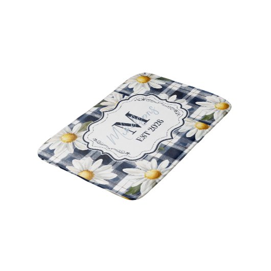 Custom Navy Gingham Daisy Monogram Badmat (Gekanteld)