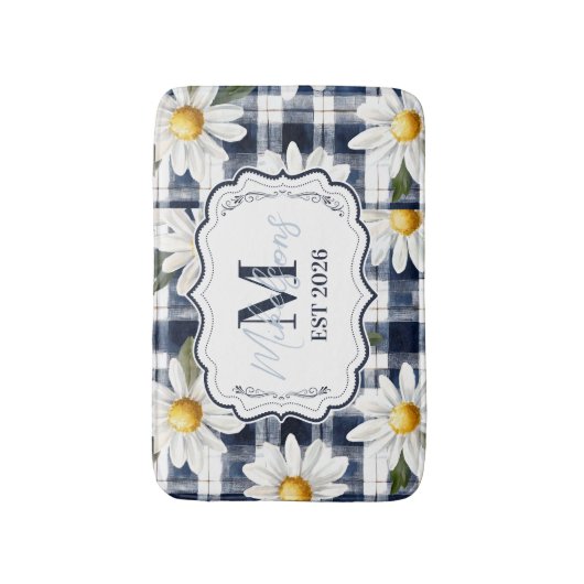 Custom Navy Gingham Daisy Monogram Badmat (Voorkant Verticaal)