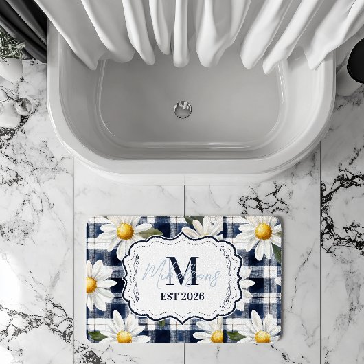 Custom Navy Gingham Daisy Monogram Badmat