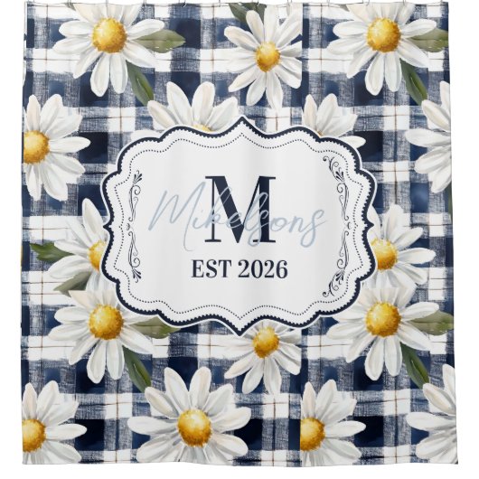 Custom Navy Gingham Daisy Monogram Douchegordijn (Voorkant)