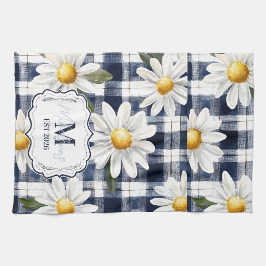 Custom Navy Gingham Daisy Monogram Theedoek (Horizontaal)
