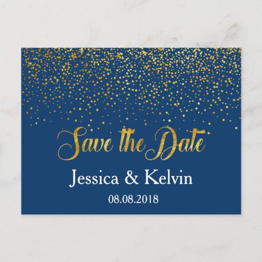 Custom Navy Gold Foil Confetti Save the Date Aankondigingskaart (Voorkant)