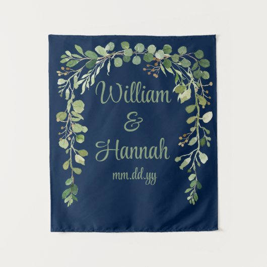 Custom Navy Greenery bruiloft receptie Foto Prop Wandkleed (Voorkant)