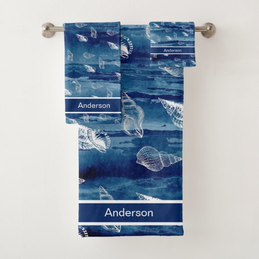 Custom Navy White Nautical Seashell Badkamer Bad Handdoek (Insitu)