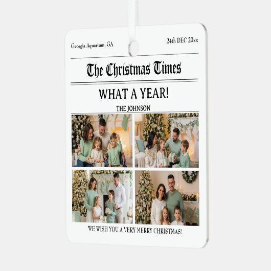Custom Newspaper Style Family Christmas Photo Metalen Ornament (Voorkant links)