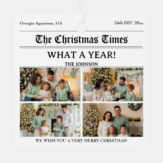 Custom Newspaper Style Family Christmas Photo Metalen Ornament (Voorkant)