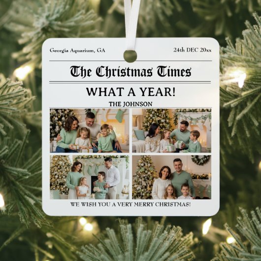 Custom Newspaper Style Family Christmas Photo Metalen Ornament (Insitu)