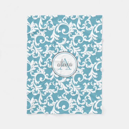 CUSTOM Ocean Blue Elegant Damask Print Fleece Deken (Voorkant)