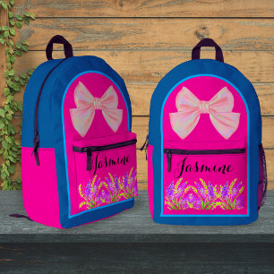 Custom Ocean Blue Pink Wildflower Naam voor Meisje Bedrukte Rugzak