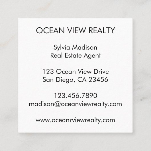 Custom Ocean Uitzicht Photo Realty Vierkante Visitekaartje (Achterkant)