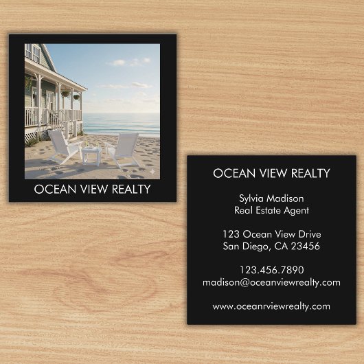 Custom Ocean Uitzicht Photo Realty Zwart Vierkante Visitekaartje