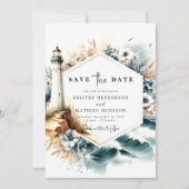 Custom Oceanic Whimsy Lighthouse Wedding Save The Date (Voorkant)