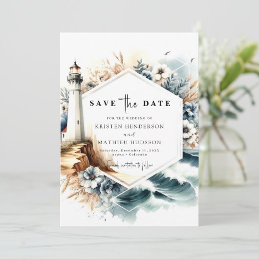 Custom Oceanic Whimsy Lighthouse Wedding Save The Date (Staand voorkant)