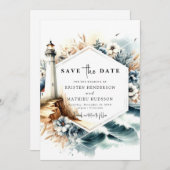 Custom Oceanic Whimsy Lighthouse Wedding Save The Date (Voorkant / Achterkant)