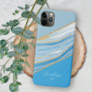 Custom Ombre Bright Azure Blauw Marmer Art Patroon iPhone 11Pro Max Hoesje