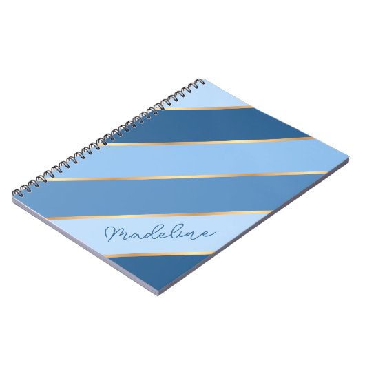 Custom Ombre Donker Medium Lichtblauw Goud Strepen Notitieboek (Linkerzijde)