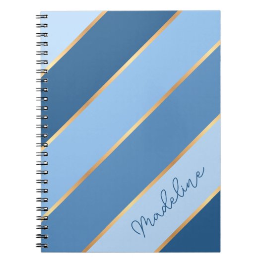 Custom Ombre Donker Medium Lichtblauw Goud Strepen Notitieboek (Voorkant)