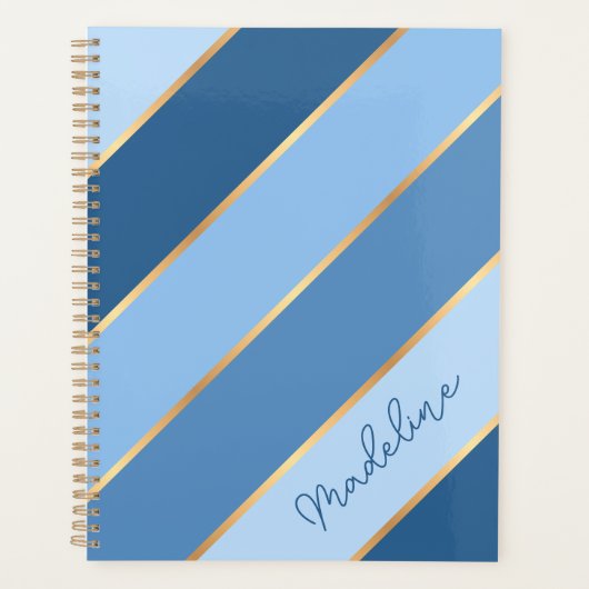 Custom Ombre Donker Medium Lichtblauw Goud Strepen Planner (Voorkant)