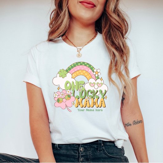 Custom One Lucky Mama Retro Groovy Rainbow T-shirt