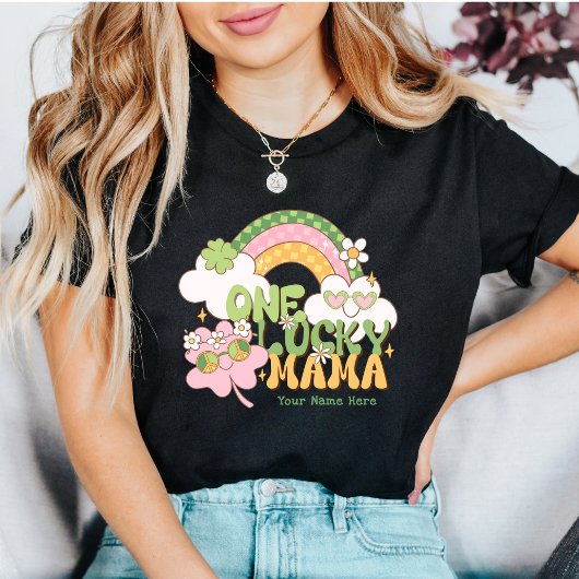 Custom One Lucky Mama Retro Rainbow T-shirt
