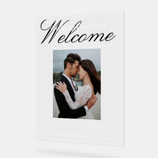 Custom One Photo Elegant Script Huwelijk Welkom Acryl Bord (Hoek)