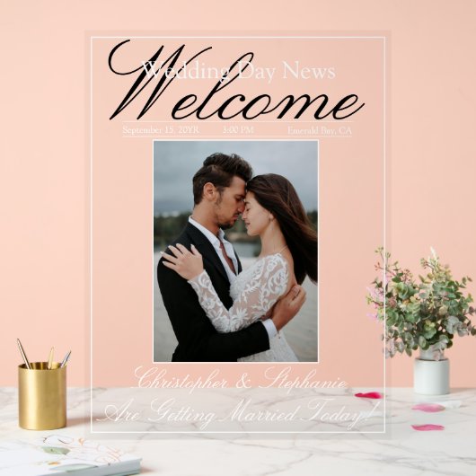 Custom One Photo Elegant Script Huwelijk Welkom Acryl Bord (Huwelijk)