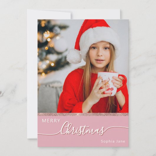 Custom One Photo Pink Merry Christmas Feestdagenkaart (Voorkant)
