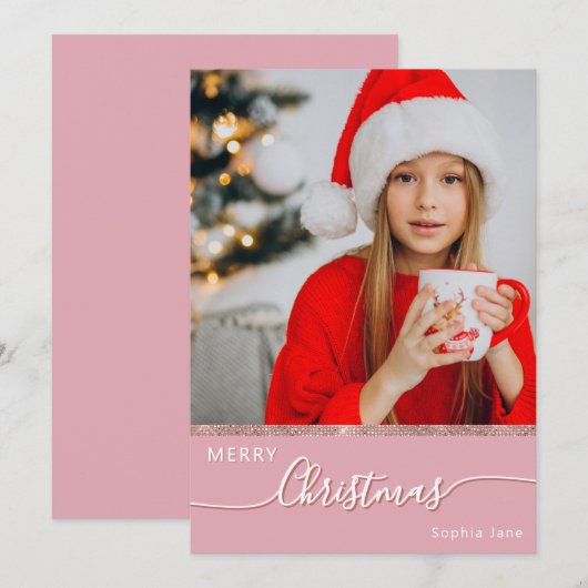 Custom One Photo Pink Merry Christmas Feestdagenkaart (Voorkant / Achterkant)