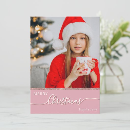 Custom One Photo Pink Merry Christmas Feestdagenkaart (Staand voorkant)