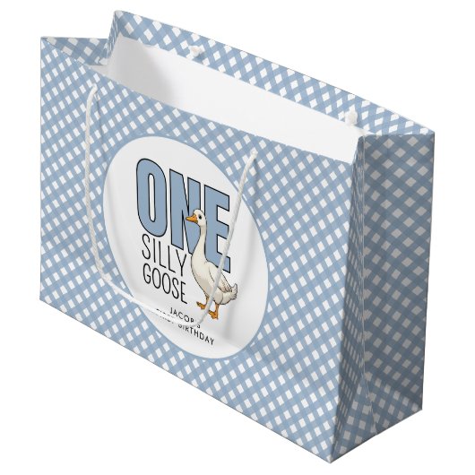 Custom One Silly Goose 1st Birthday Plaid Pattern Groot Cadeauzakje (Voorkant Gekanteld)