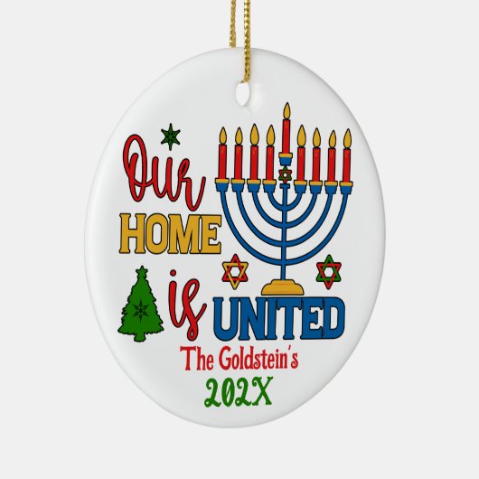 Custom Ons huis is verenigd gelukkig Chanoeka Keramisch Ornament (Rechts)