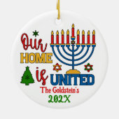Custom Ons huis is verenigd gelukkig Chanoeka Keramisch Ornament (Achterkant)