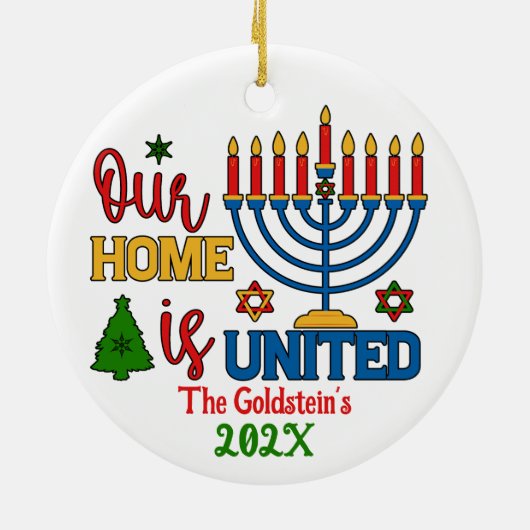 Custom Ons huis is verenigd gelukkig Chanoeka Keramisch Ornament (Achterkant)