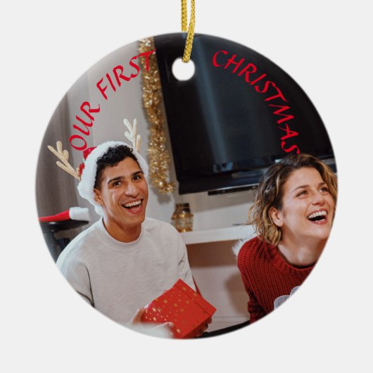 Custom onze eerste kerstpaar foto tweezijdig keramisch ornament (Voorkant)