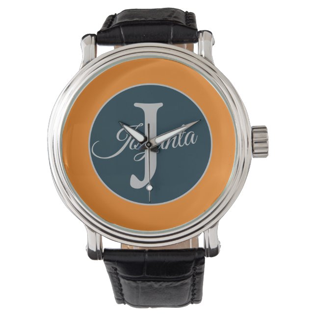 Custom  orange greay blue Monogram Elegant Horloge (Voorkant)