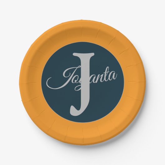 Custom  orange greay blue Monogram Elegant Papieren Bordje (Voorkant)