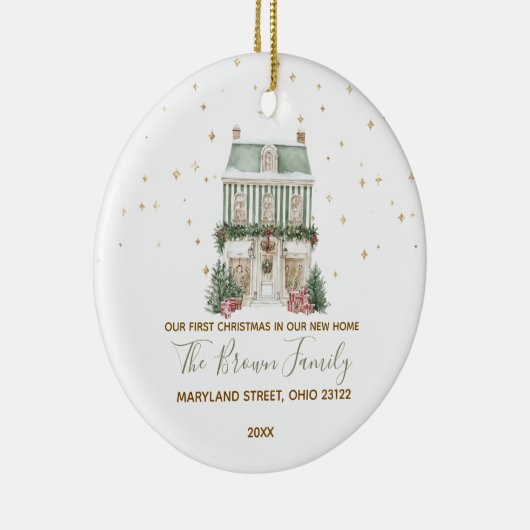 Custom Our First Christmas New Home Gold Snowflake Keramisch Ornament (Rechts)