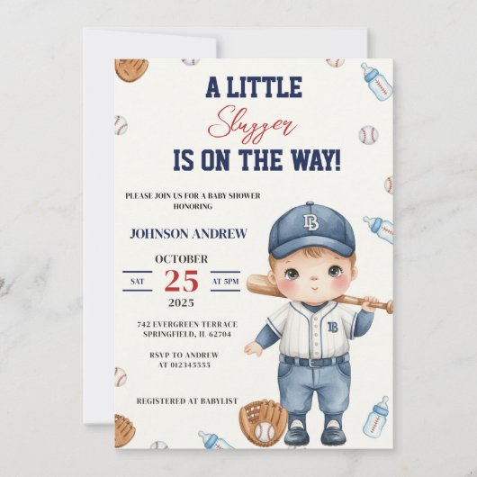 Custom Our Little Slugger Baseball Baby Shower Kaart (Voorkant)