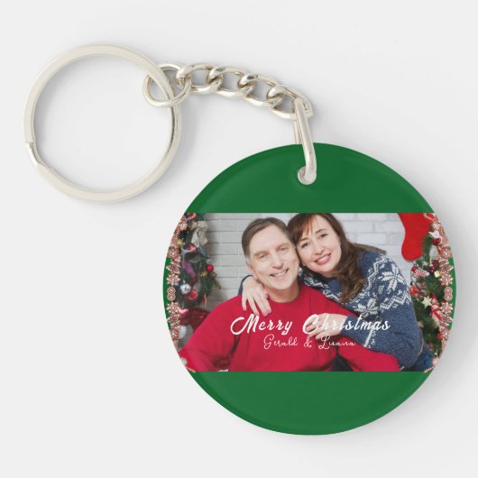 Custom paar kerstfoto groen sleutelhanger (Voorkant)