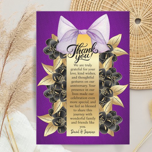 Custom Paarse & Gouden Bloemen Trouwen Jubileum Bedankkaart