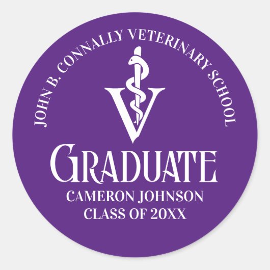 Custom Paarse Veterinaire School Graduation Party Ronde Sticker (Voorkant)
