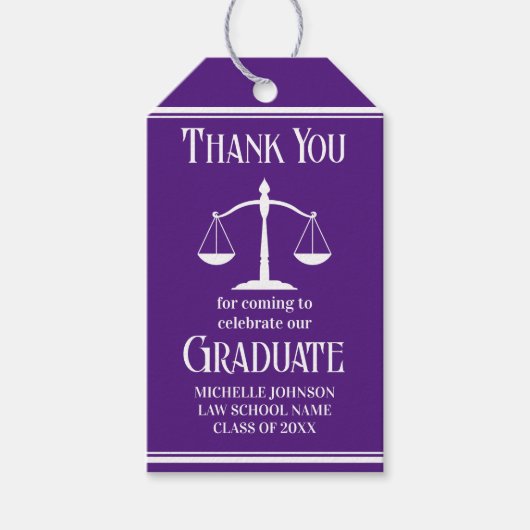 Custom Paarse White Law School Afstudeerfeest Cadeaulabel (Voorkant)