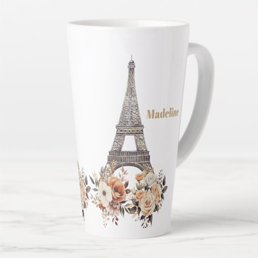 Custom Paris Eiffel Tower Beautiful Floral Latte Mok (Rechterhoek)