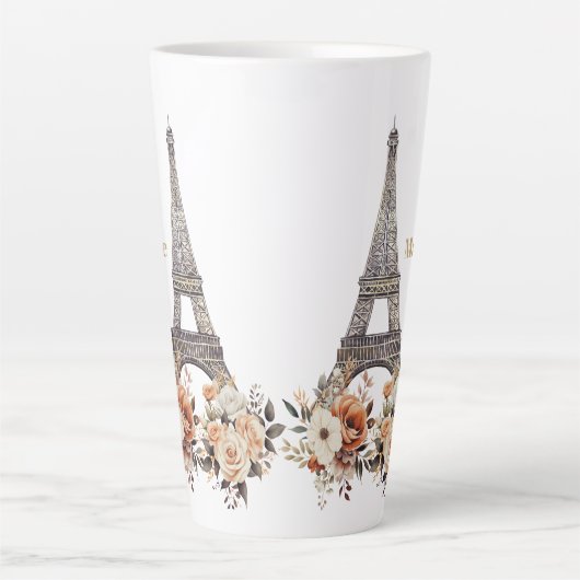Custom Paris Eiffel Tower Beautiful Floral Latte Mok (Voorkant)