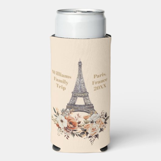 Custom Paris Trip Eiffel Tower Floral Seltzer Blikjeskoeler (Seltzer Voorkant)